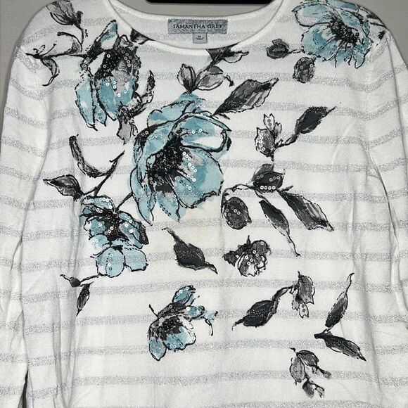 Samantha Grey, silver striped floral, sequin top size medium - Picture 5 of 11
